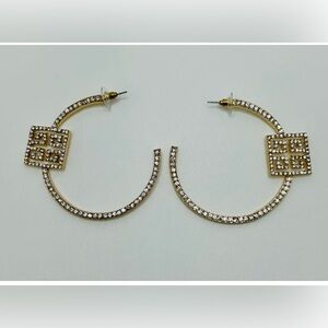 Gold-Tone Rhinestone Open Hoop Earrings with Square Logo Accent